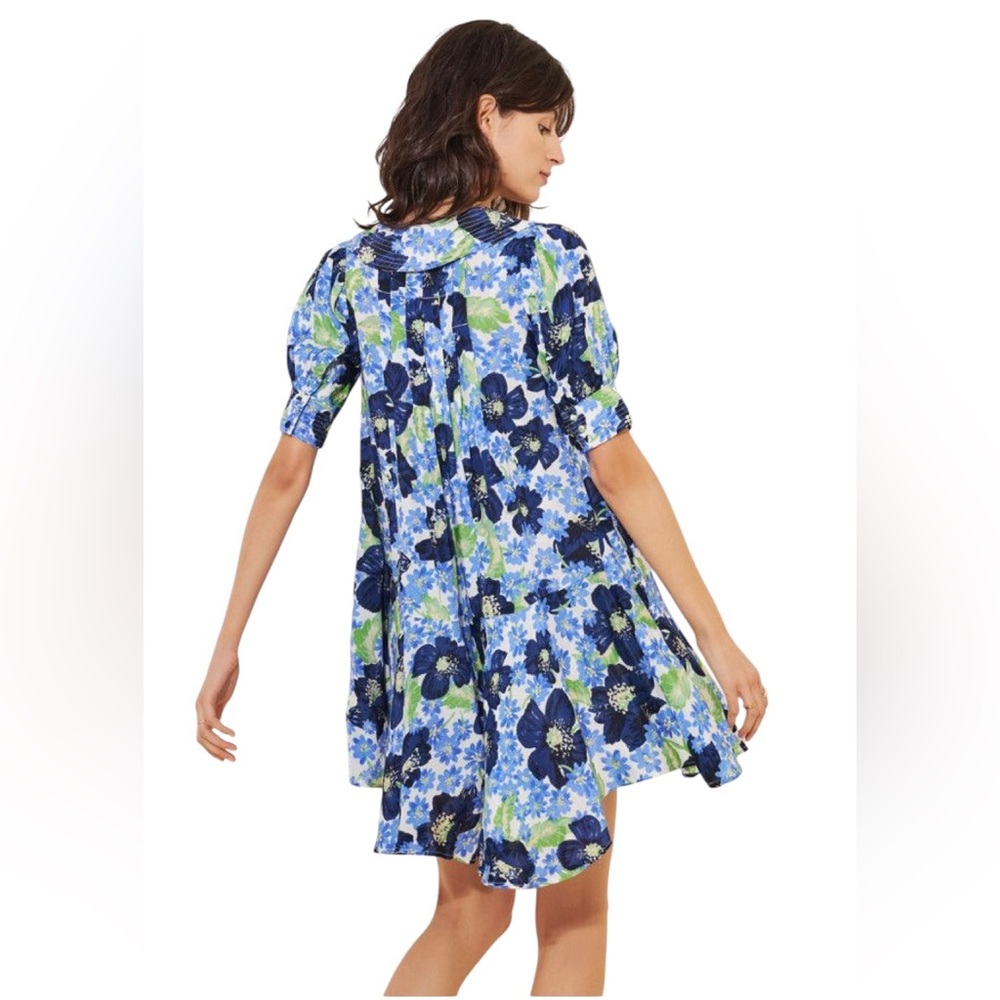 Free People Floral Mini Dress Blue Green Flowy V Neck Size LG Moon Chaser - Picture 2 of 13